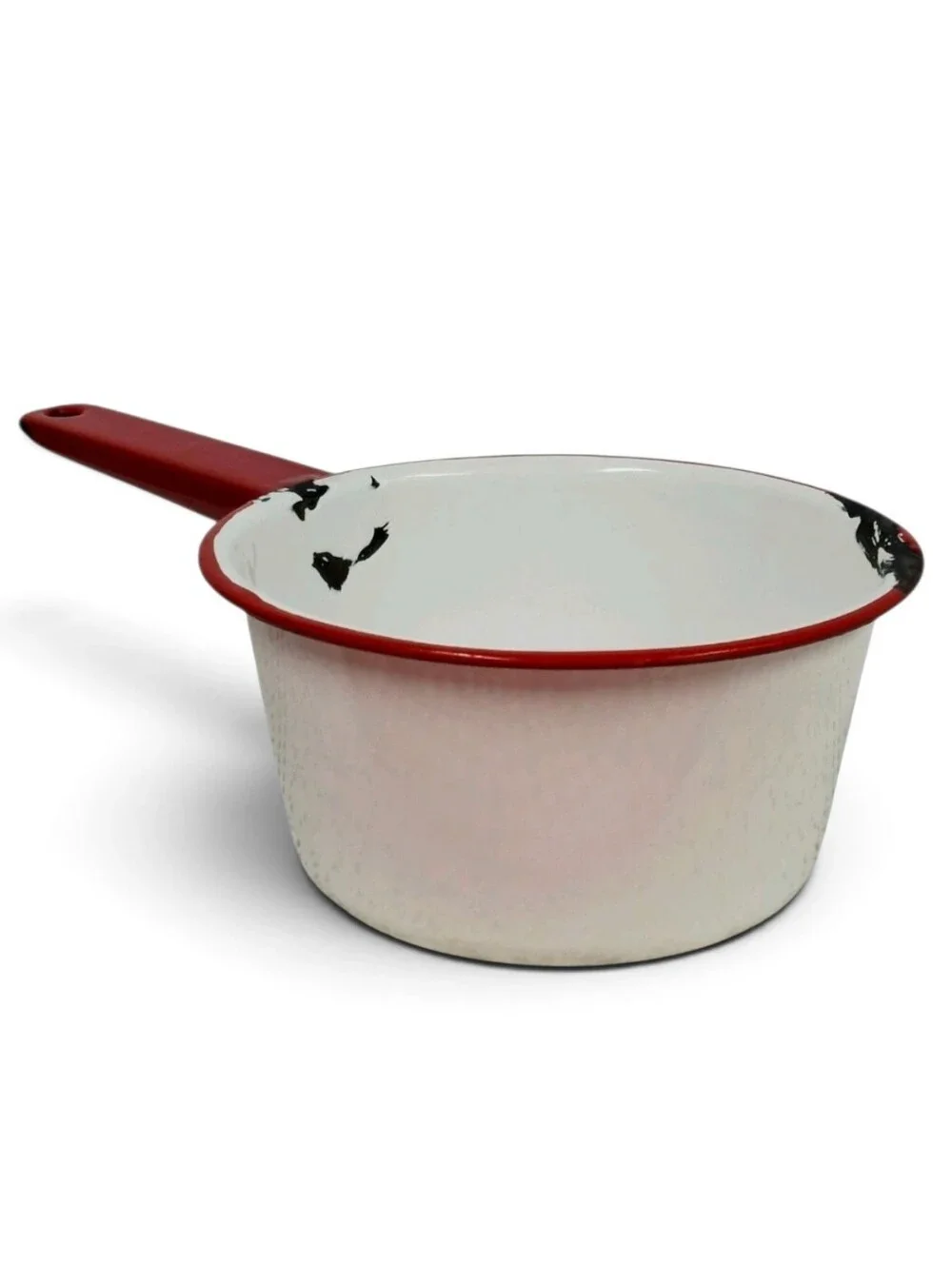 Vintage Red White Enamelware Saucepan Cookware Farmhouse Kitchen Collectible